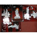 Five Chinese Style Red Lacquer Wall Plaques with mother of pearl figures of ladies playing musical