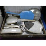 Decorative Dressing Table Set, in original case, blue enamel backed hand mirror, L&D Depose skirt