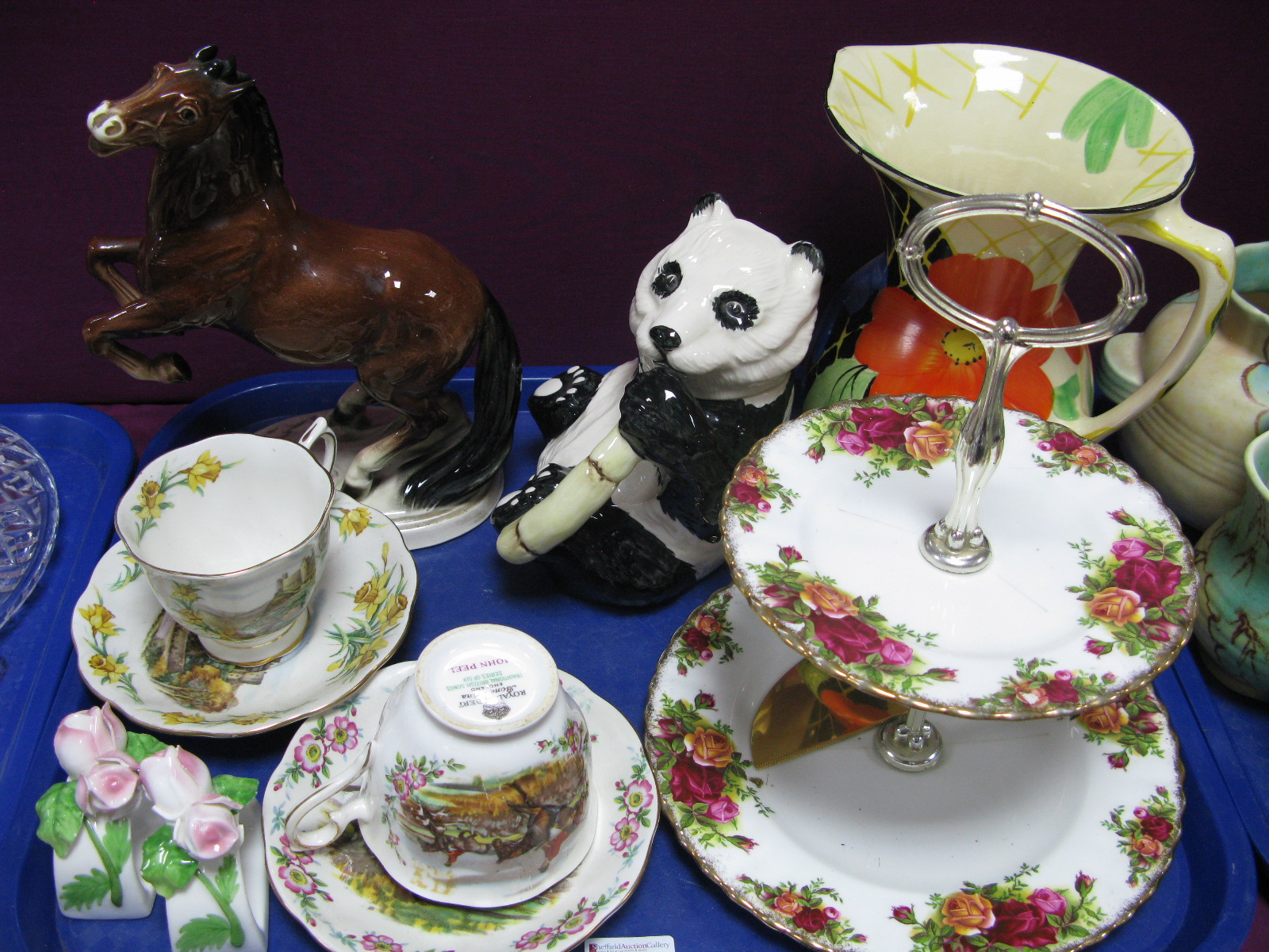 Beswick Panda Tea Pot, Continental rearing horse, Art Deco jug vase etc:- One Tray