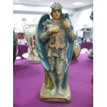 Attributed To Robert Anning Bell, Painted Plaster Figurine of Winged Knight, 22cm high, details