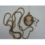 A 9ct Gold Chain, together with a 9ct gold and shell carved cameo brooch. (2)