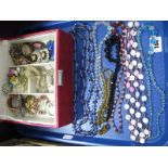 Vintage Bead Necklaces, and assorted costume brooches, jewellery box:- One Tray