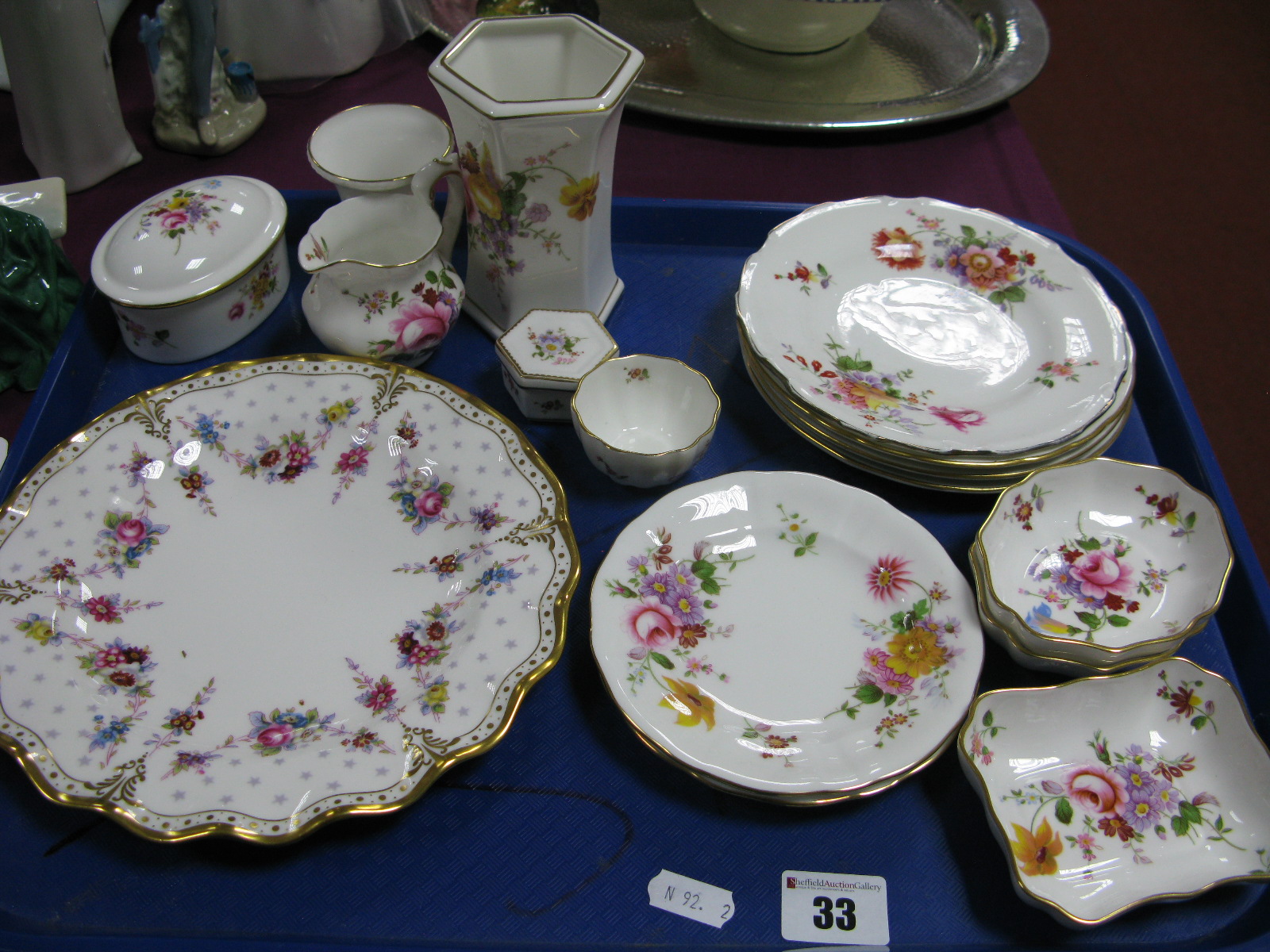 Royal Crown Derby - 'Royal Antoinette' plate, 'Derby Posies' hexagonal vase, plates, pin trays,