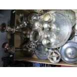 Plated Ware, including candlesticks, swing handled basket, engine turned cigarette box, jugs,