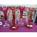 A Pair of Cranbery Frill Vases, and pair of ruby lustres 23cm high. (4)