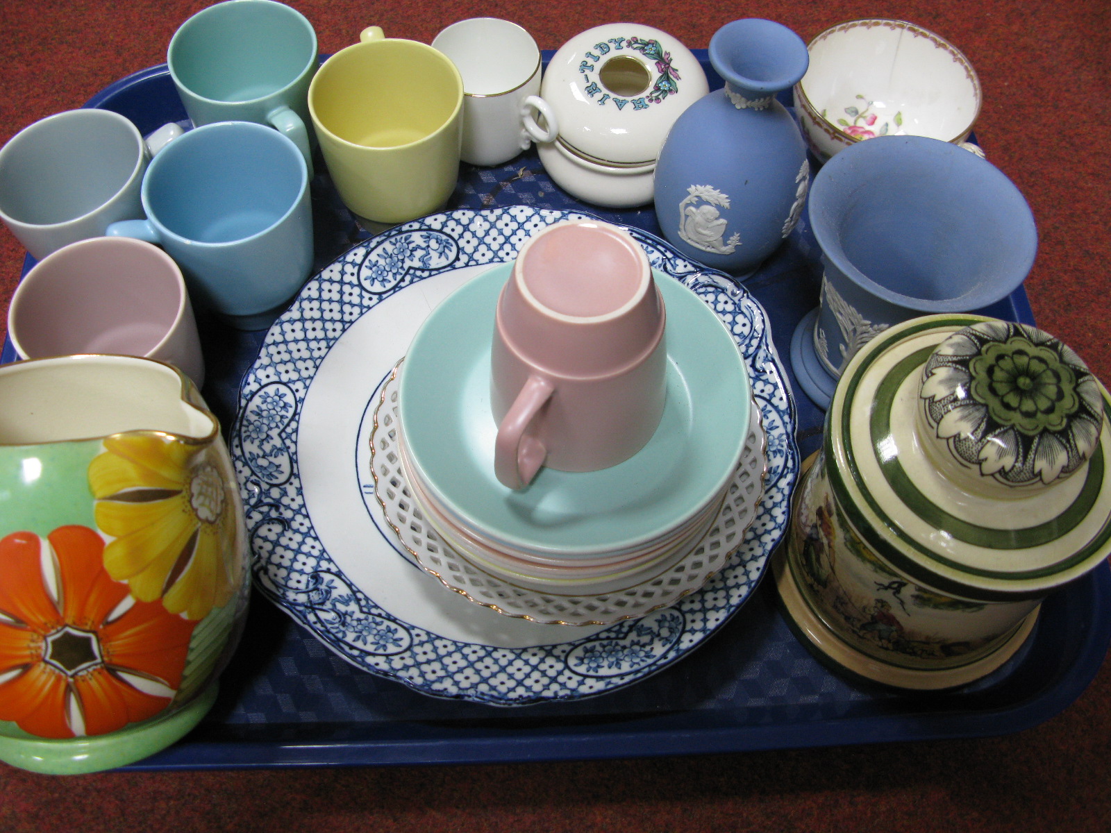 Doulton 'The Gleanors' Tobacco Jar and Cover, image to coffee cups and saucers, Goss hair tidy,