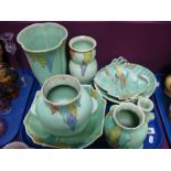 Crown Devon 1930's Hanging Tree Design, vases, dishes, candlestick all on green ground (8):- One