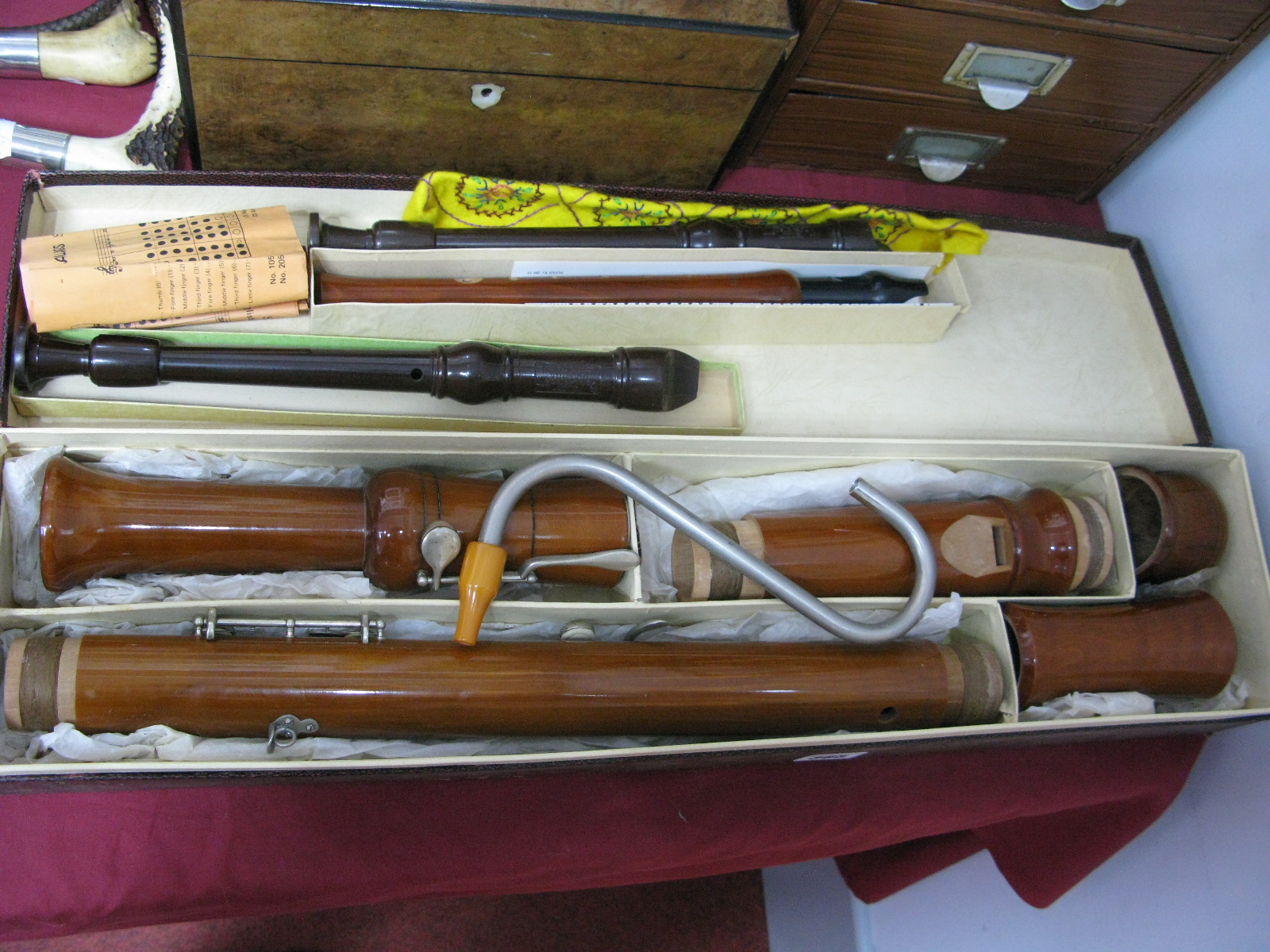 An Adler Woodwind Instrument, Bass Recorder 97cm, boxed, Rosetti Recorder and two other