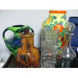 A Czech Pottery Vase, 34cm high. Whitefriars style decanter, abstract glass vase, streaked pottery:-