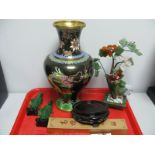 A Chinese Cloisonne Vase, Jadeite figures, Bonsai tree, chopsticks, fan:- One Tray