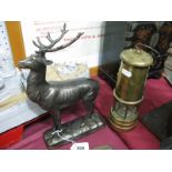 Brass Miners Lamp by Lamp & Lighting Co, Hockley, metal figure of stag. (2)