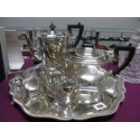 A Silver Plated Four Piece Tea Service, Walker & Hall salver with shaped gadrooned boarder on claw