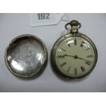 A Hallmarked Silver Cased Hunter Pocketwatch, the dial with black Roman numerals, the unsigned