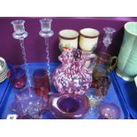 Holmegaard Candlesticks (chipped), cranberry, mottled plus other glassware:- One Tray