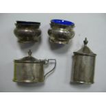 A Silver Mustard Pot, pepperette, plus two salts.