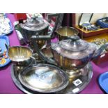 Cameo Four Piece Plated Tea Service, tankard, oval card tray, plated tray.