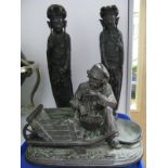 FGW Bronzed Pottery Seated Barrow Worker, on oval base 33cm wide (cracked), pair of decorative resin