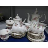 Royal Albert Teaware - 'Moss Rose' coffee pot, four teacups and saucers and plates, milk and sugar