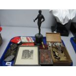 A Bronzed Spelter Figure of a Young Man, carved mineral tribal figure, embossed brass match box