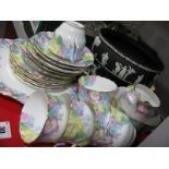 Crown Staffordshire Floral Tea Set, F14910 twenty one pieces, Black Wedgwood Jasper Ware, bowl and