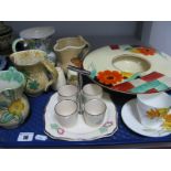 A Crown Devon Art Deco Circular Posy Bowl, 26cm wide, four jugs, Shelley cups and saucers etc:-