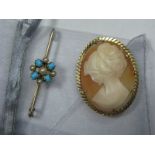 A 9ct Gold Oval Shell Carved Cameo, depicting female profile; together with a pearl set bar