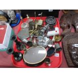 Intrepid Fishing Reel, candlesticks, brass figures etc:- One Tray