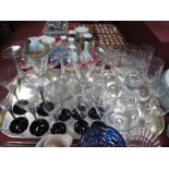 Dartington Glass Decanter, black stemmed cocktail glasses and other glassware:- One Tray