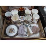 A Lladro and Two Nao Figurines, commemorative mugs etc:- One Tray