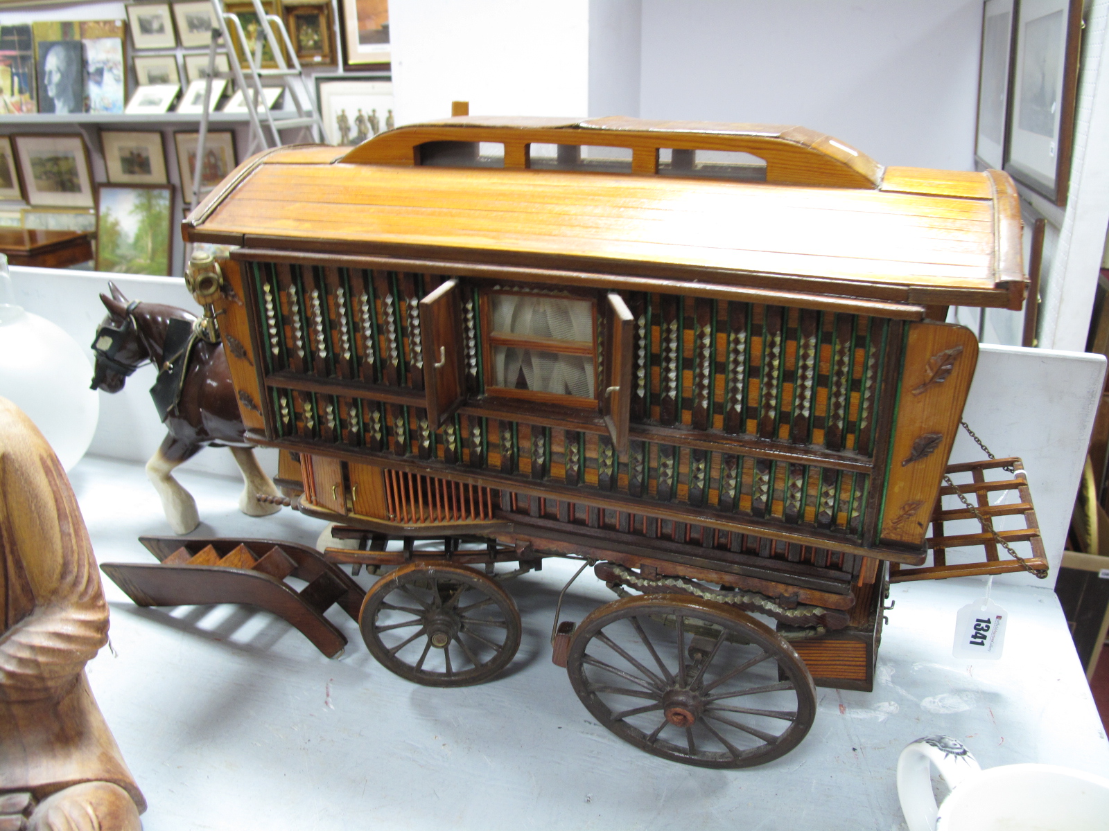 A Very Ornate Scratch Built Gypsy Caravan, with window shutters, lamps etc, plus porcelain Shire