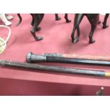 Ebonized Walking Cane, with silver handle; two golf clubs with hickory shafts. (3)