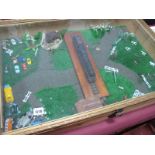 A Pine Table Top Display Case, containing model cars, farm animals, train, 80cm wide.