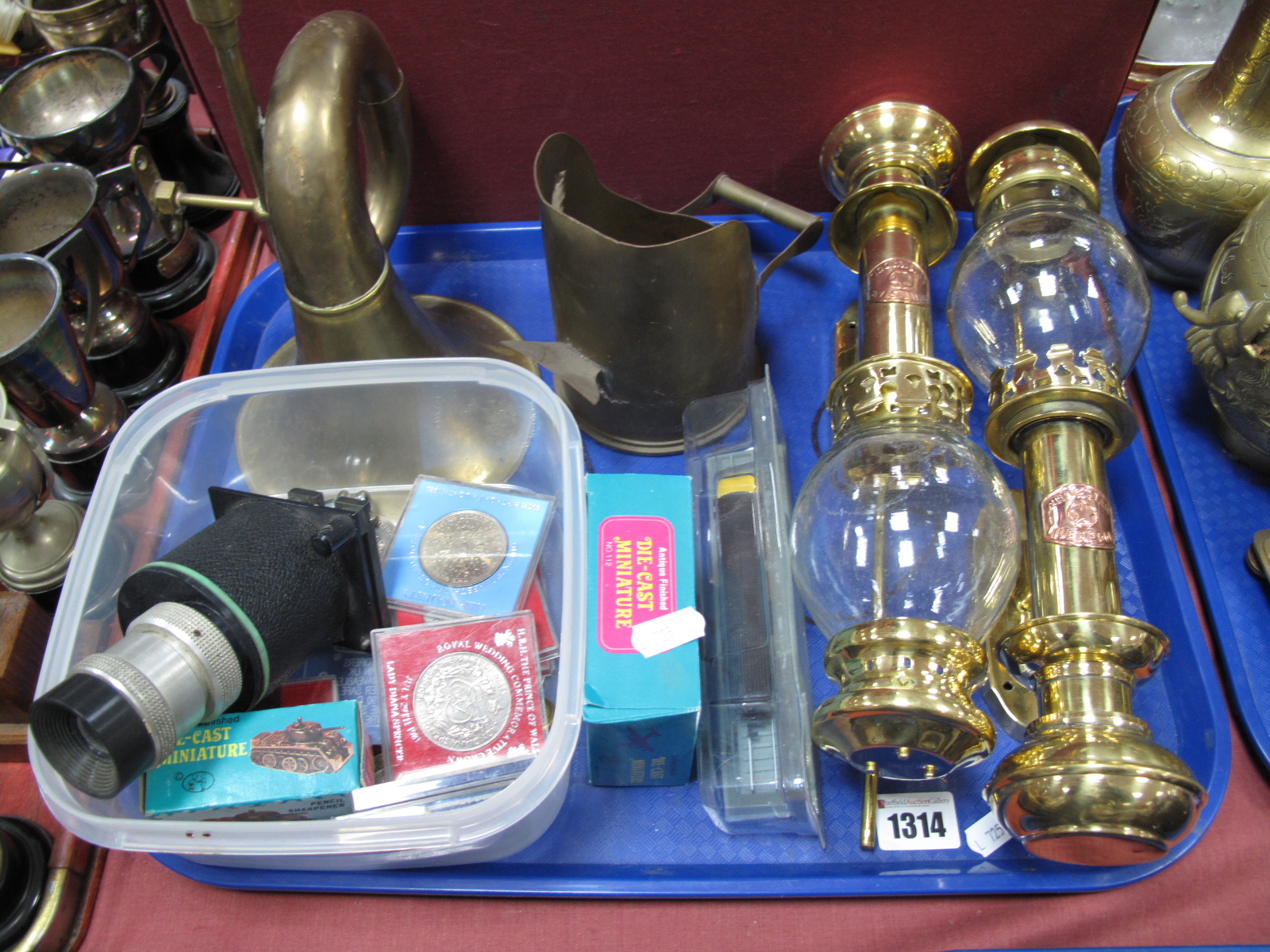 A Brass Car Horn, carriage lamps, coins, optic lens etc:- One Tray