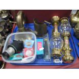 A Brass Car Horn, carriage lamps, coins, optic lens etc:- One Tray