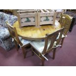 Pine Circular Topped Kitchen Table plus four pierced splat back chairs. (5)