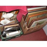 Italian Pottery Deer Groups (damages), cutlery, camera, prints:- Three Boxes