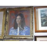 A Rectangular Bevelled Wall Mirror in Gilt Frame, oil painting of a bust of a lady circa 1980's.