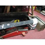 Hammers, spanners, saws, socket accessories etc (one metal chest and wooden chest); floor jack and