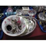 A Glass Candelabra, Wedgwood and Worcester plates, bowl cranberry pepperette, cutlery, tray etc.