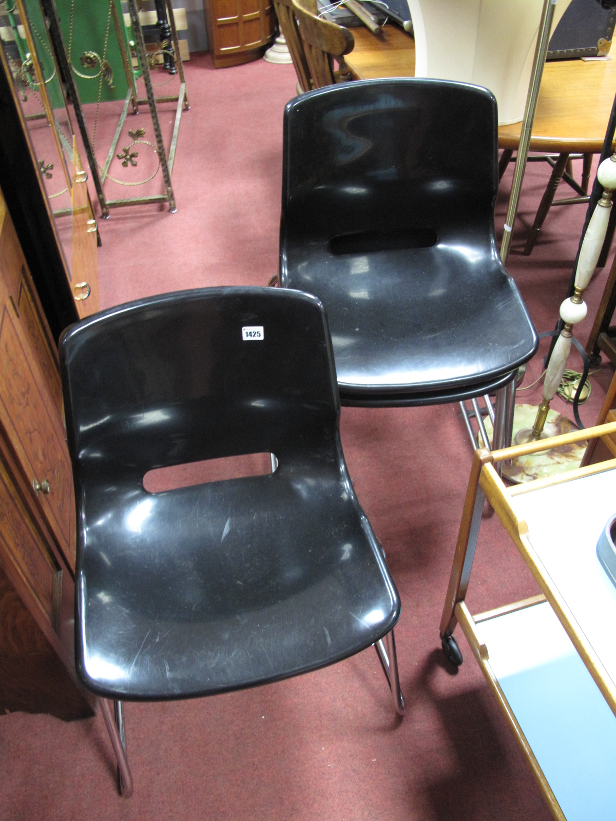 A Teak Folding Dinner Trolley, together with a two tier dinner trolley and four black plastic and