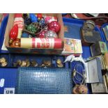 A Tray of Collectables, including Christmas decorations and baubles, four small, travelling clock