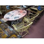 Four Cane Patio Chairs, plus metal table with marble effect top. (5)