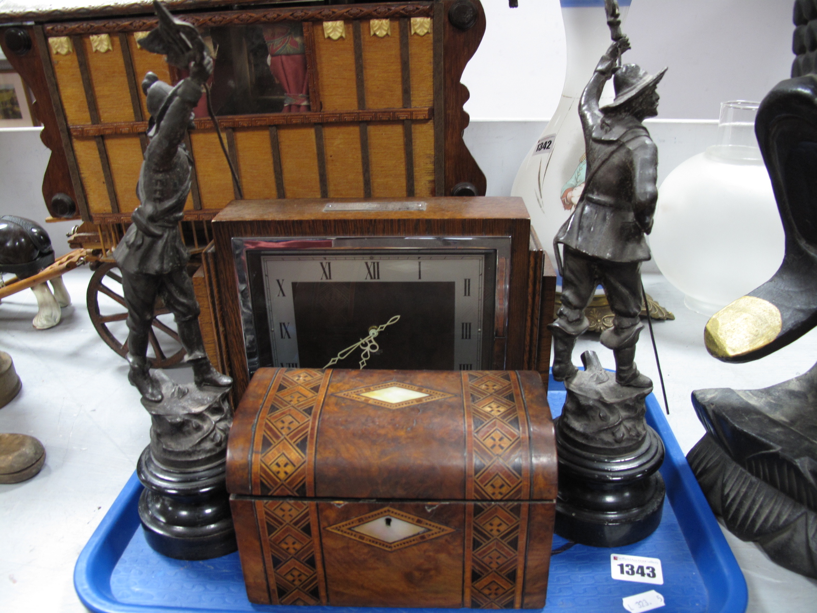 Oak Mantel Clock, pair spelter figures, XIX Century inlaid dome topped caddy box:- One Tray