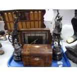 Oak Mantel Clock, pair spelter figures, XIX Century inlaid dome topped caddy box:- One Tray