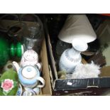 Prints, table lamp, scales, coffee pots etc:- Two Boxes