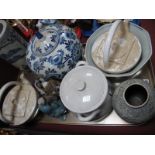 A Large Blue & White Ginger Jar, cylinder vase, tea pots, other oriental wares:- One Tray