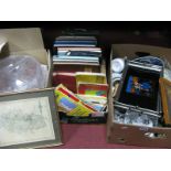 Maps, stamp albums, print, silver foil tray, ceramics, knives, ice bucket, etc.