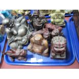 A Soapstone Buddha, wooden and resin examples, tigers etc:- One Tray