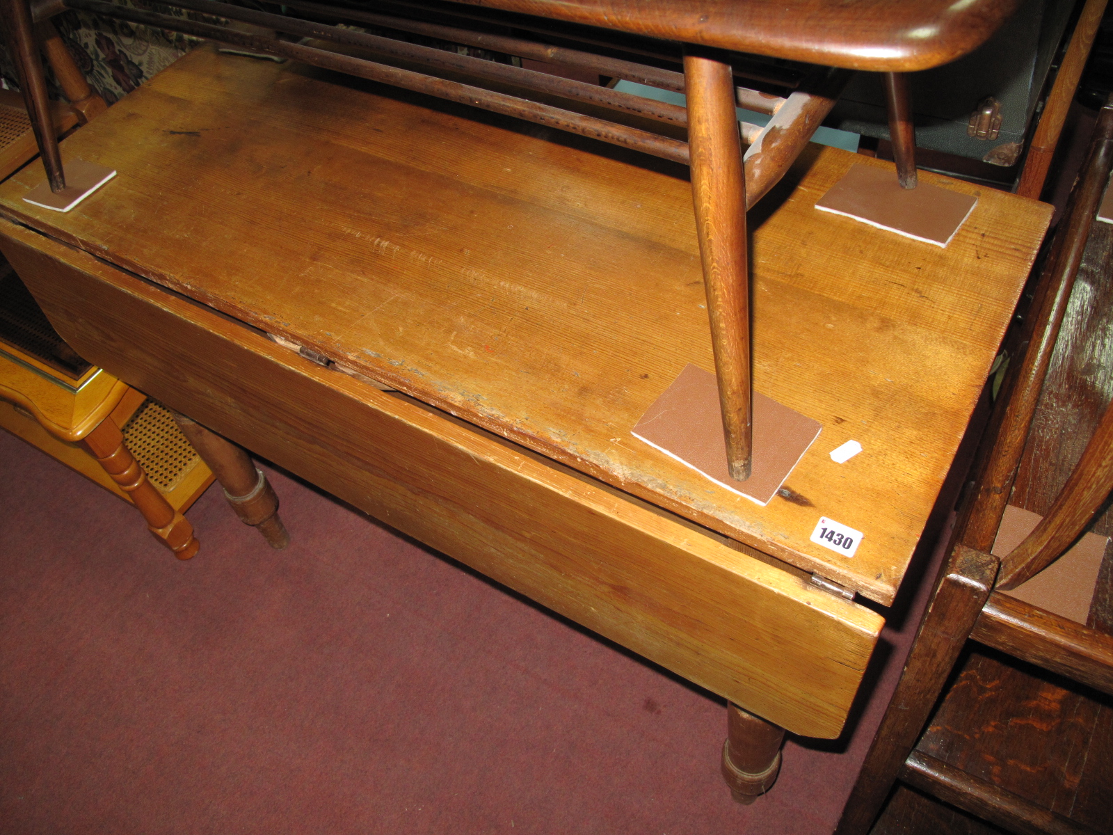 XIX Century Pine Drop Leaf Kitchen Table, with single drawer, on turned legs.