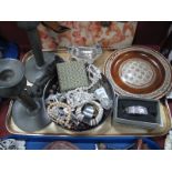 Homeland Beaten Pewter Candlesticks '7035' (damaged), costume jewellery, watch etc:- One Tray